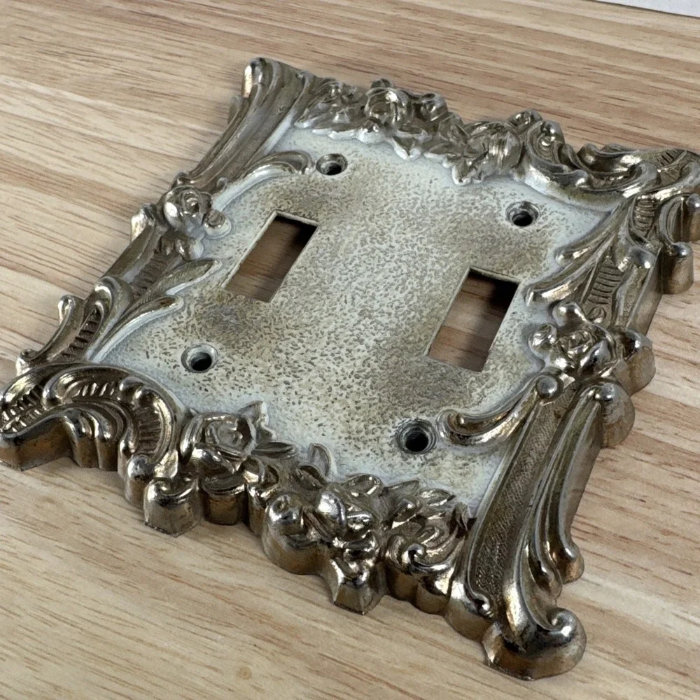 Vintage Silver Tone Cast Metal Double Switch Plate Cover Victorian Rose